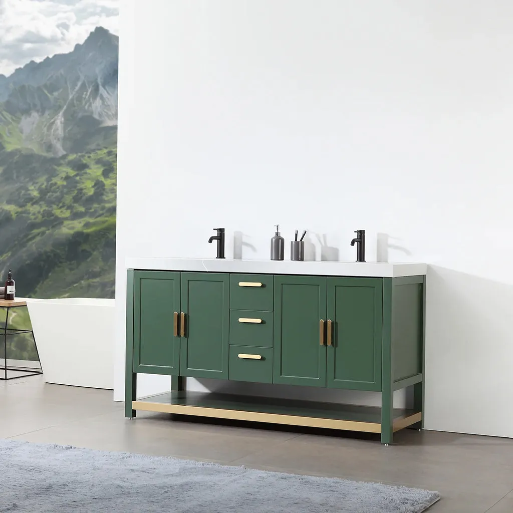 Winchester 3 Drawers And 4 Doors Bathroom Vanity with White Quartz Sink - Floor Mount - 60" Wood/Forest Green