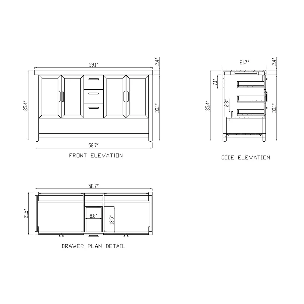 Winchester 3 Drawers And 4 Doors Bathroom Vanity with White Quartz Sink - Floor Mount - 60" Wood/Pecan Oak
