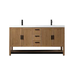 Winchester 3 Drawers And 4 Doors Bathroom Vanity with White Quartz Sink - Floor Mount - 60" Wood/Pecan Oak