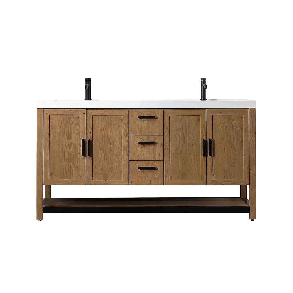 Winchester 3 Drawers And 4 Doors Bathroom Vanity with White Quartz Sink - Floor Mount - 60" Wood/Pecan Oak
