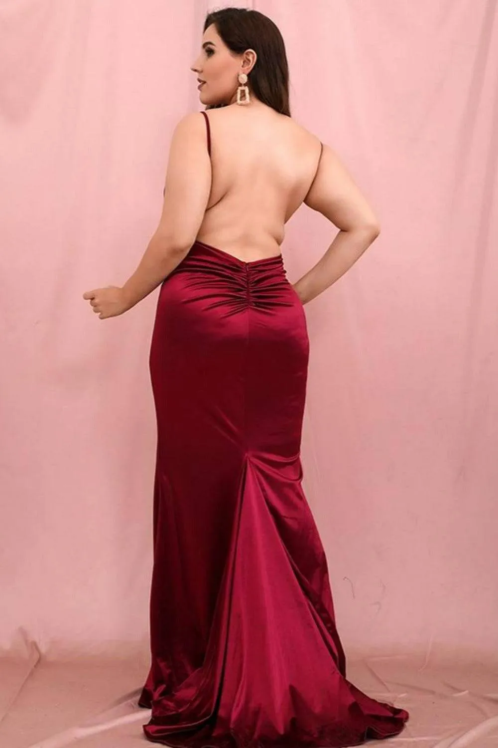 Wine Red Plus Size High Slit Satin Dress