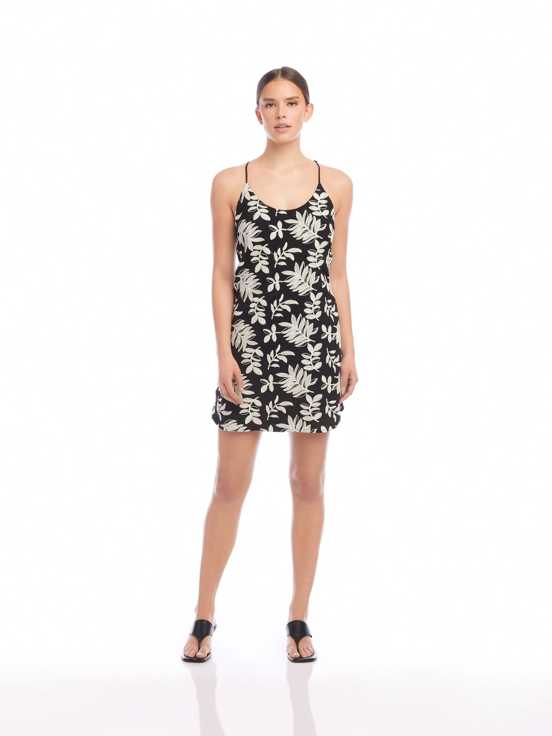 WINNIE EMBROIDERED LEAF CRINKLE MINI DRESS - BLACK