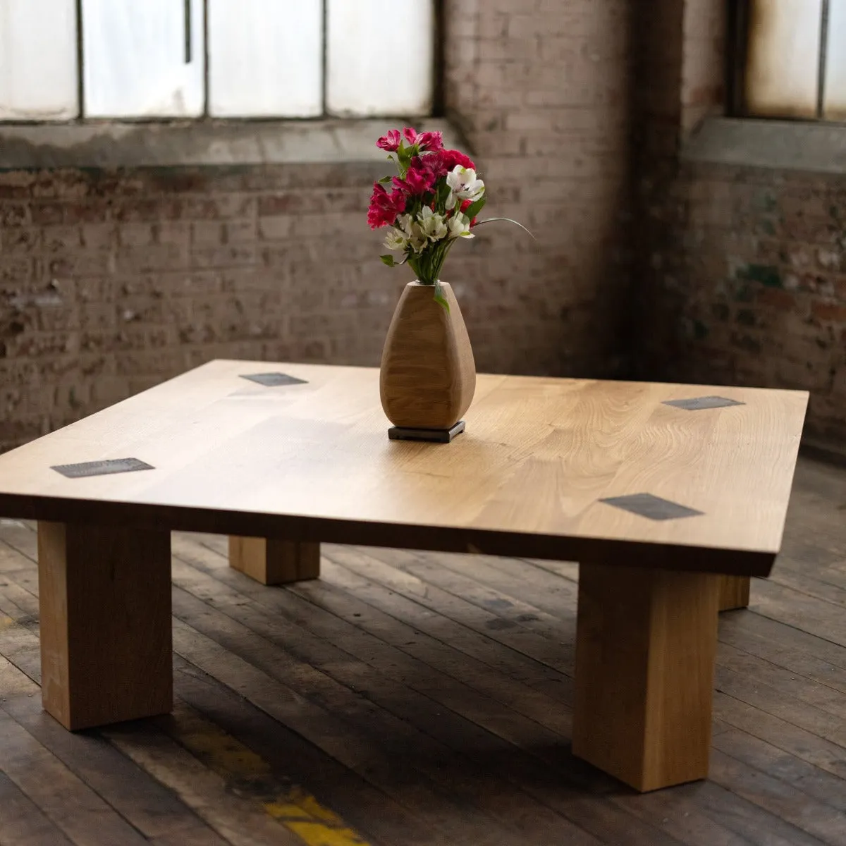 Winston Coffee Table | Square Wood Coffee Table with Bronze Details
