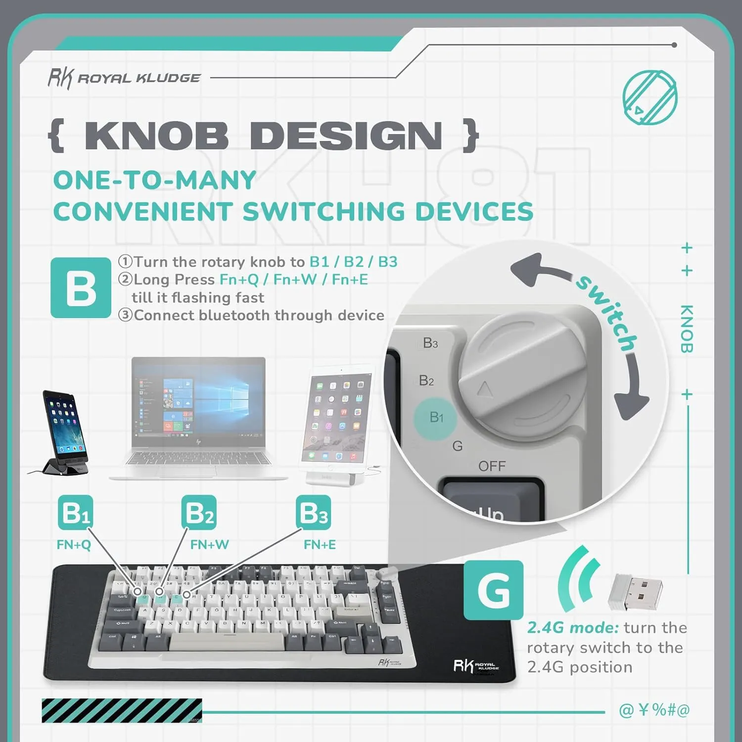 Wireless Gaming Mechanical Keyboard Knob Control Triple Mode Gasket Mount RGB Backlit