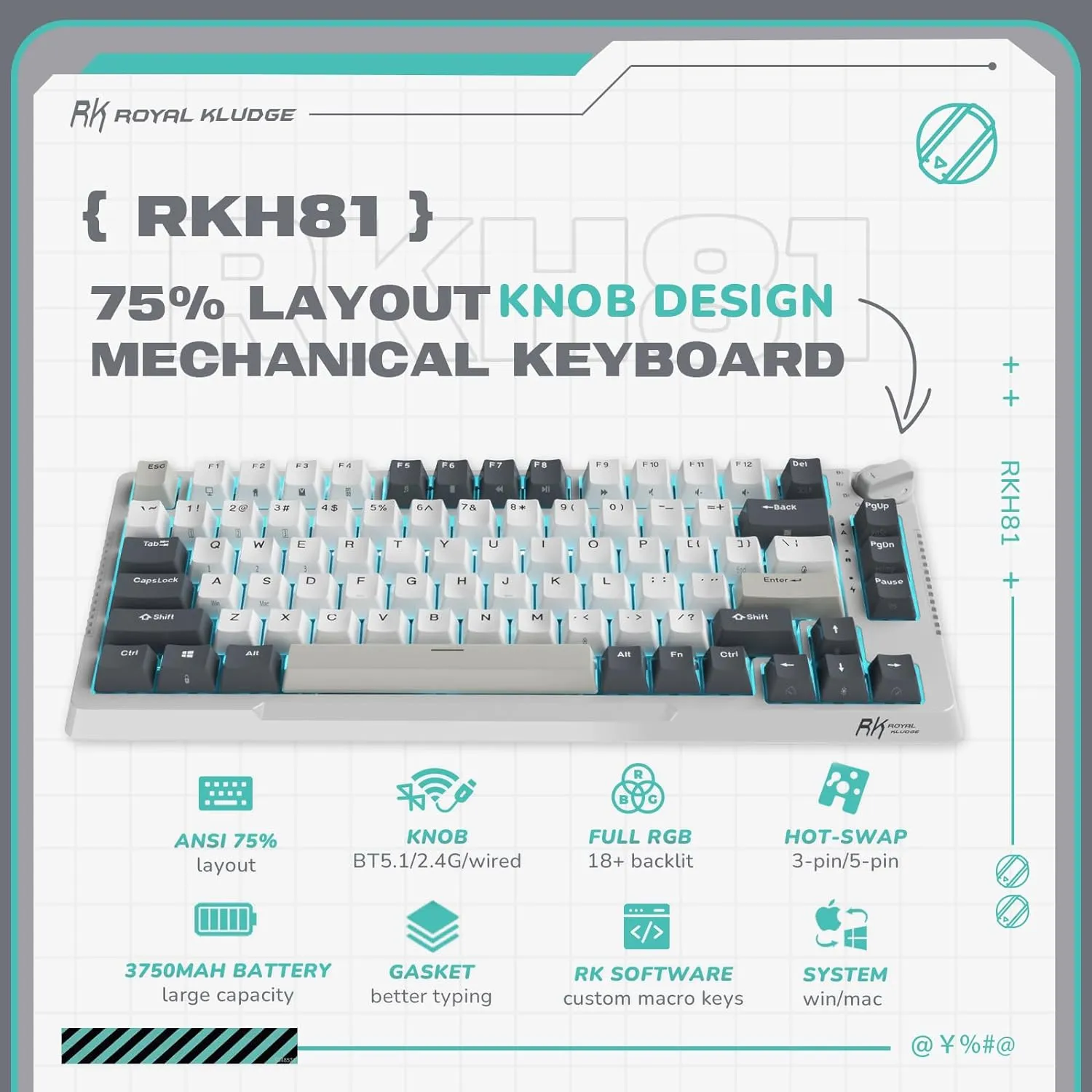Wireless Gaming Mechanical Keyboard Knob Control Triple Mode Gasket Mount RGB Backlit