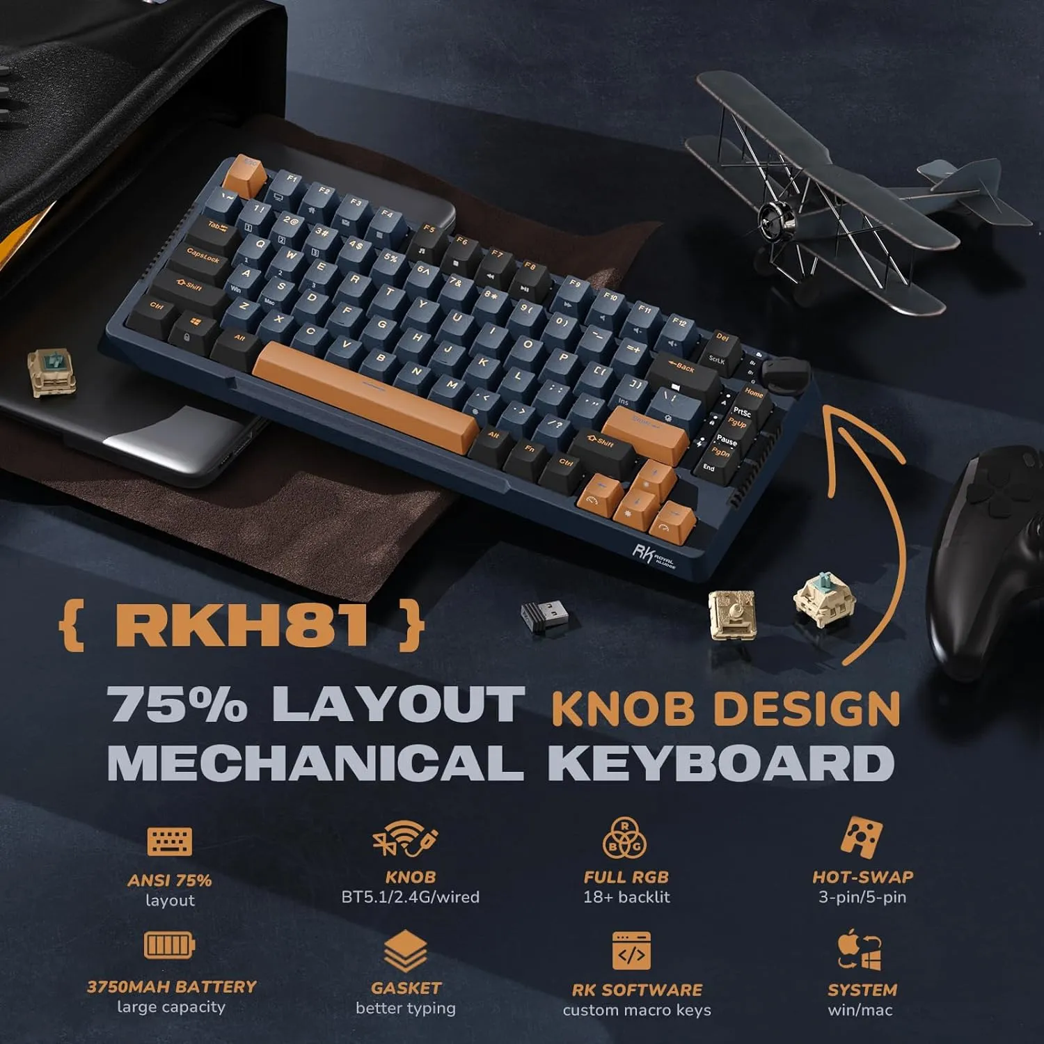Wireless Gaming Mechanical Keyboard Knob Control Triple Mode Gasket Mount RGB Backlit