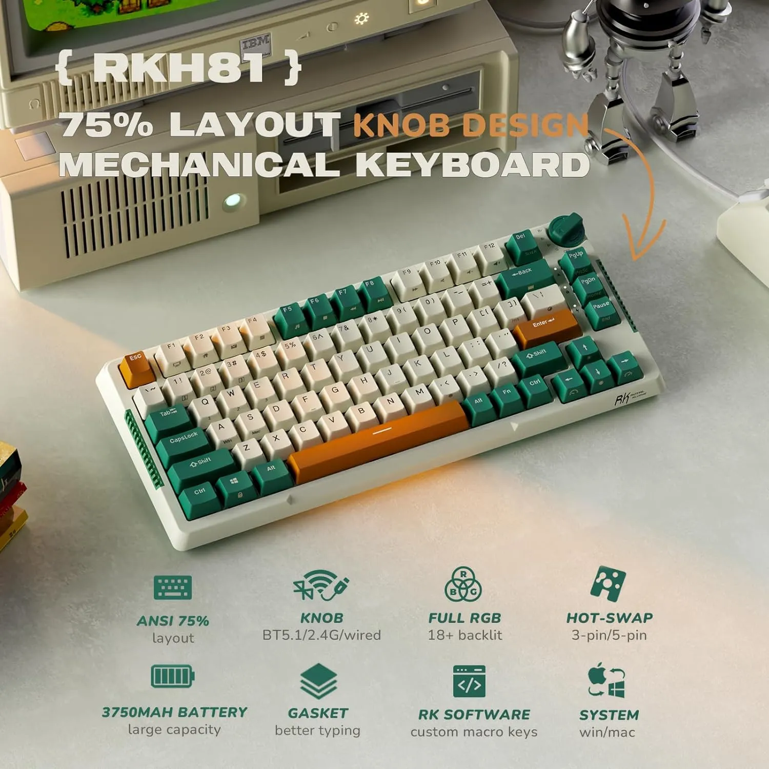 Wireless Gaming Mechanical Keyboard Knob Control Triple Mode Gasket Mount RGB Backlit