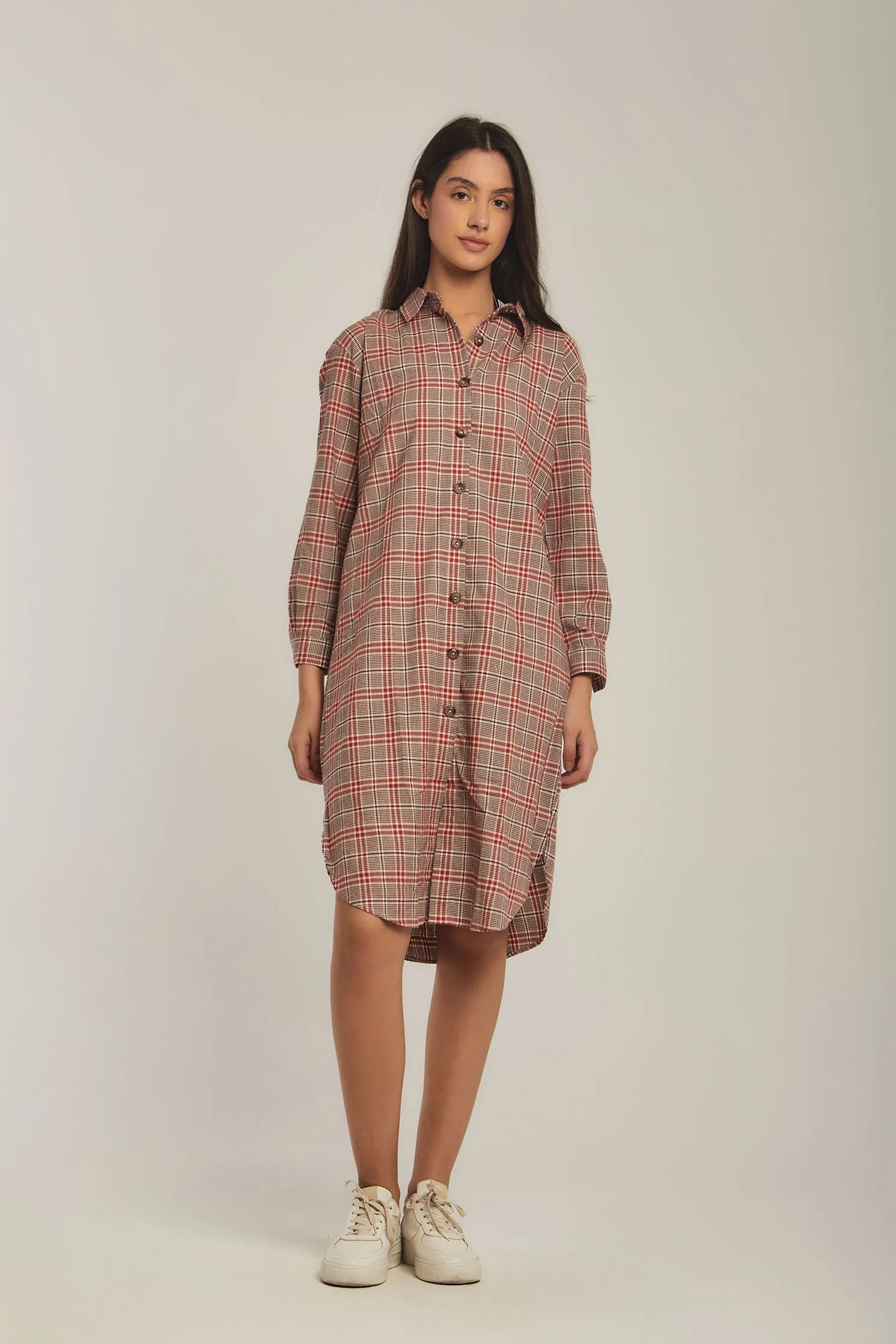 Women Dress Checks Basic Shirt Beige
