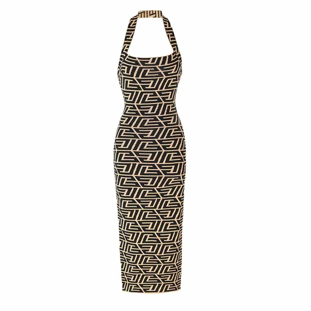 Women Sleeveless Halter Bra Knitted Long Dress Slim Geometric Pattern Dress