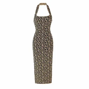 Women Sleeveless Halter Bra Knitted Long Dress Slim Geometric Pattern Dress