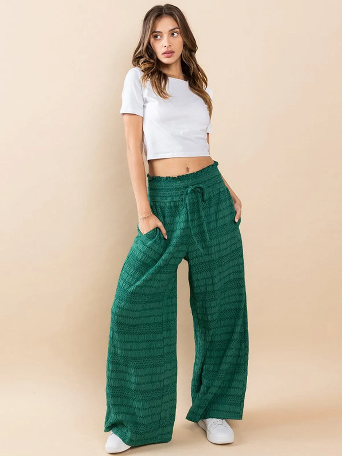 WOMEN'S ELASTIC WAIST FRONT POCKET DETAILED WIDE LEG PALAZZO PANTS