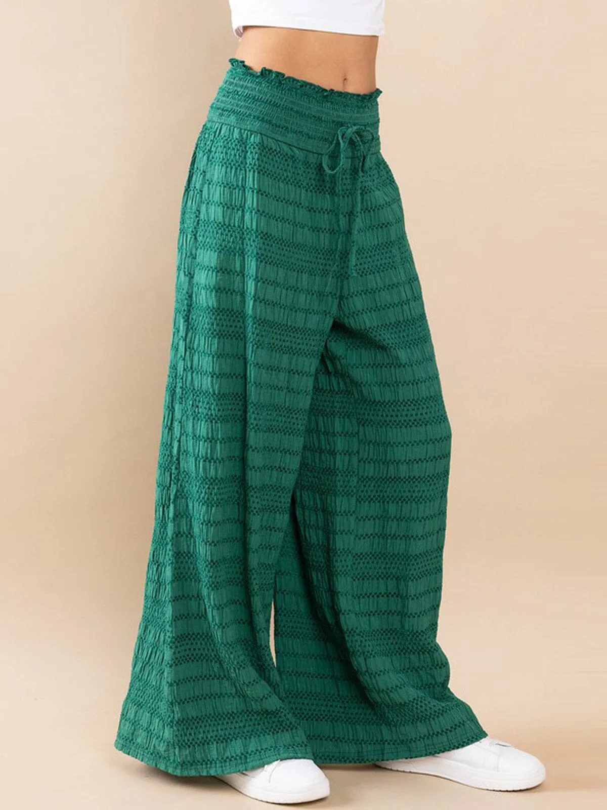 WOMEN'S ELASTIC WAIST FRONT POCKET DETAILED WIDE LEG PALAZZO PANTS