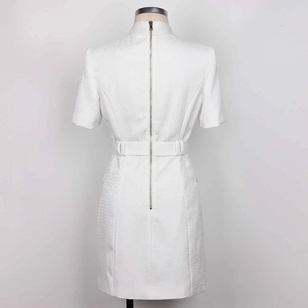 Women's Elegant Collar V Neck Lace Short Sleeve Blazer Mini White Dress with Belt