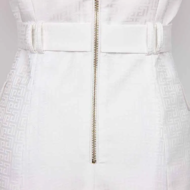 Women's Elegant Collar V Neck Lace Short Sleeve Blazer Mini White Dress with Belt