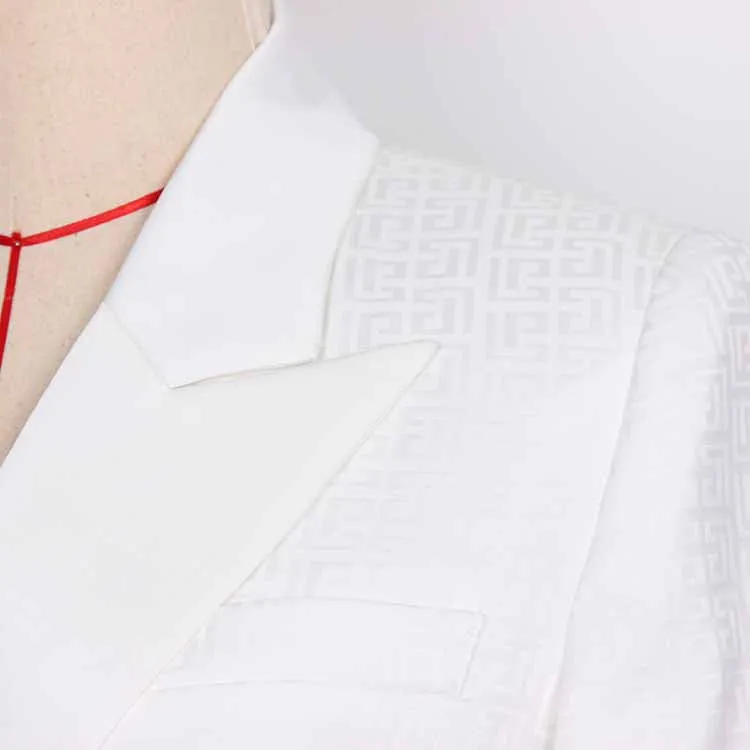 Women's Elegant Collar V Neck Lace Short Sleeve Blazer Mini White Dress with Belt