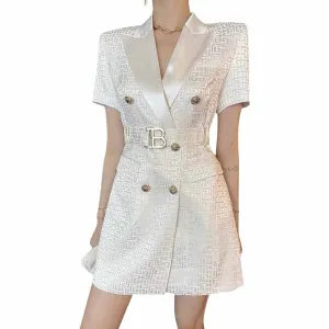 Women's Elegant Collar V Neck Lace Short Sleeve Blazer Mini White Dress with Belt