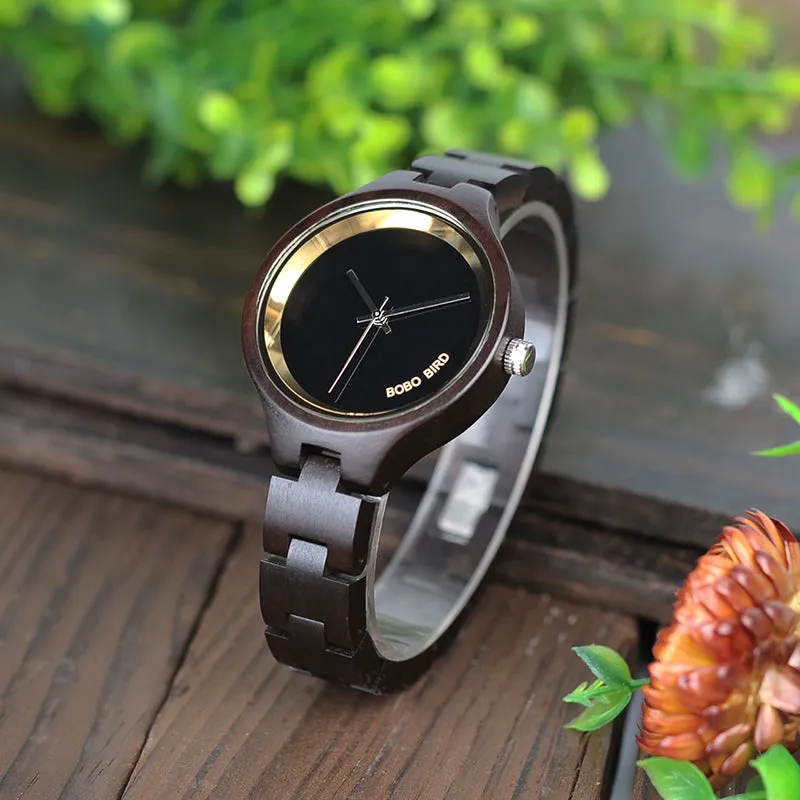 Women's Elegant Simplistic Wooden Watch With Wood Gift Box - Pine Wood,Black Wood