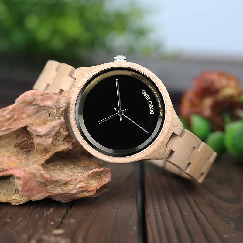 Women's Elegant Simplistic Wooden Watch With Wood Gift Box - Pine Wood,Black Wood
