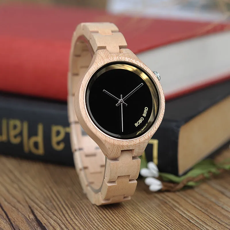 Women's Elegant Simplistic Wooden Watch With Wood Gift Box - Pine Wood,Black Wood