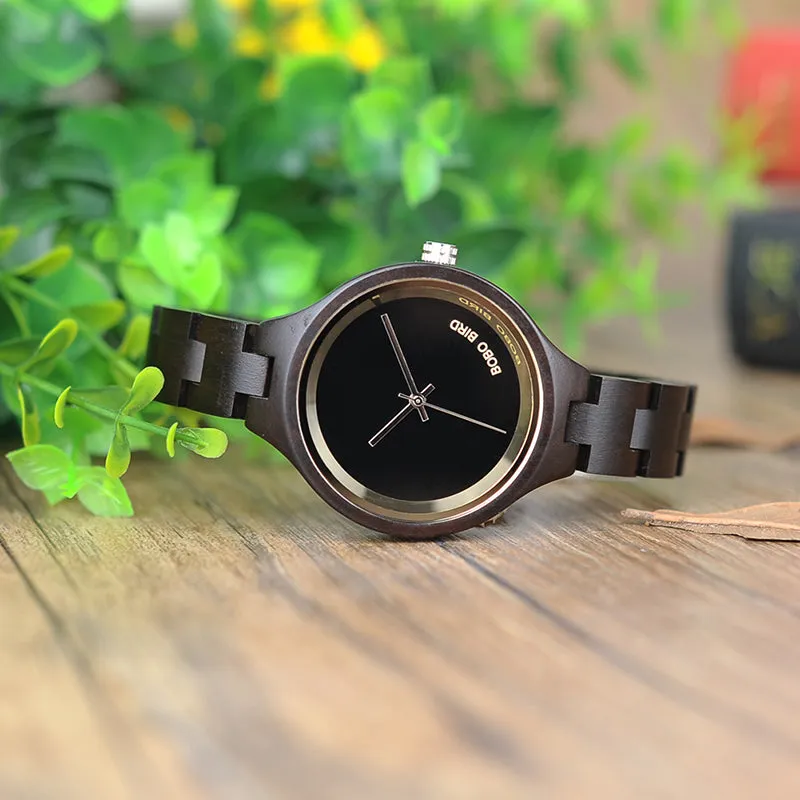 Women's Elegant Simplistic Wooden Watch With Wood Gift Box - Pine Wood,Black Wood