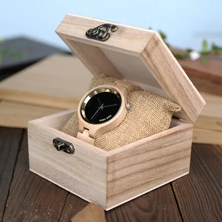 Women's Elegant Simplistic Wooden Watch With Wood Gift Box - Pine Wood,Black Wood