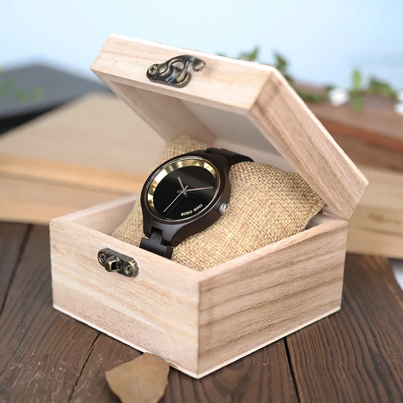 Women's Elegant Simplistic Wooden Watch With Wood Gift Box - Pine Wood,Black Wood