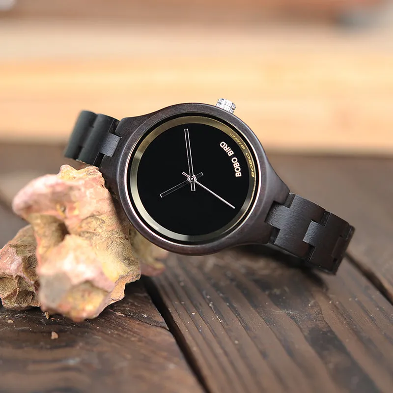 Women's Elegant Simplistic Wooden Watch With Wood Gift Box - Pine Wood,Black Wood