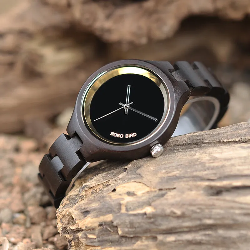 Women's Elegant Simplistic Wooden Watch With Wood Gift Box - Pine Wood,Black Wood
