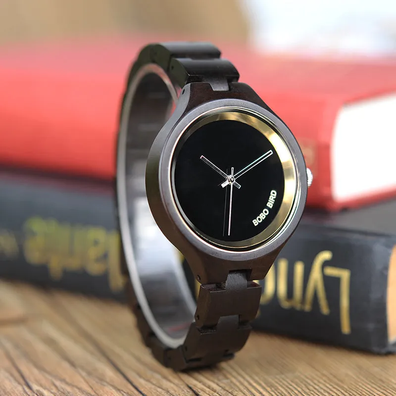 Women's Elegant Simplistic Wooden Watch With Wood Gift Box - Pine Wood,Black Wood