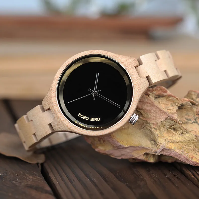 Women's Elegant Simplistic Wooden Watch With Wood Gift Box - Pine Wood,Black Wood