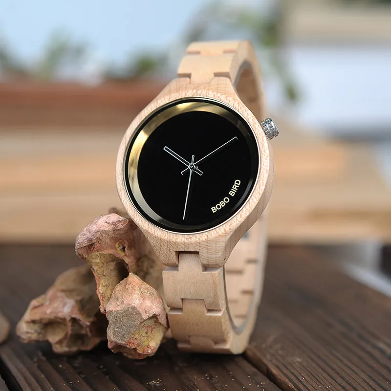Women's Elegant Simplistic Wooden Watch With Wood Gift Box - Pine Wood,Black Wood