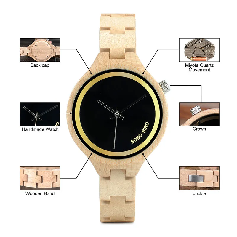 Women's Elegant Simplistic Wooden Watch With Wood Gift Box - Pine Wood,Black Wood