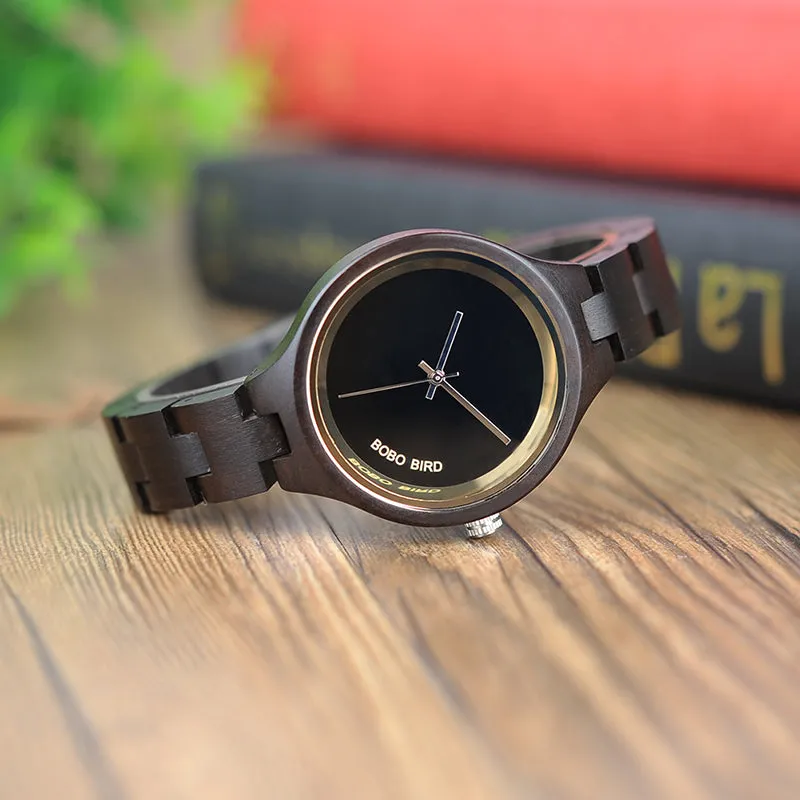 Women's Elegant Simplistic Wooden Watch With Wood Gift Box - Pine Wood,Black Wood