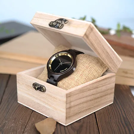 Women's Elegant Simplistic Wooden Watch With Wood Gift Box - Pine Wood,Black Wood