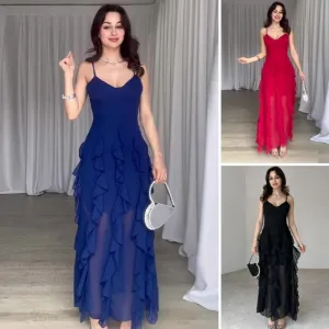 Women's Elegant Spaghetti Strap Ruffle Layered Maxi Dress