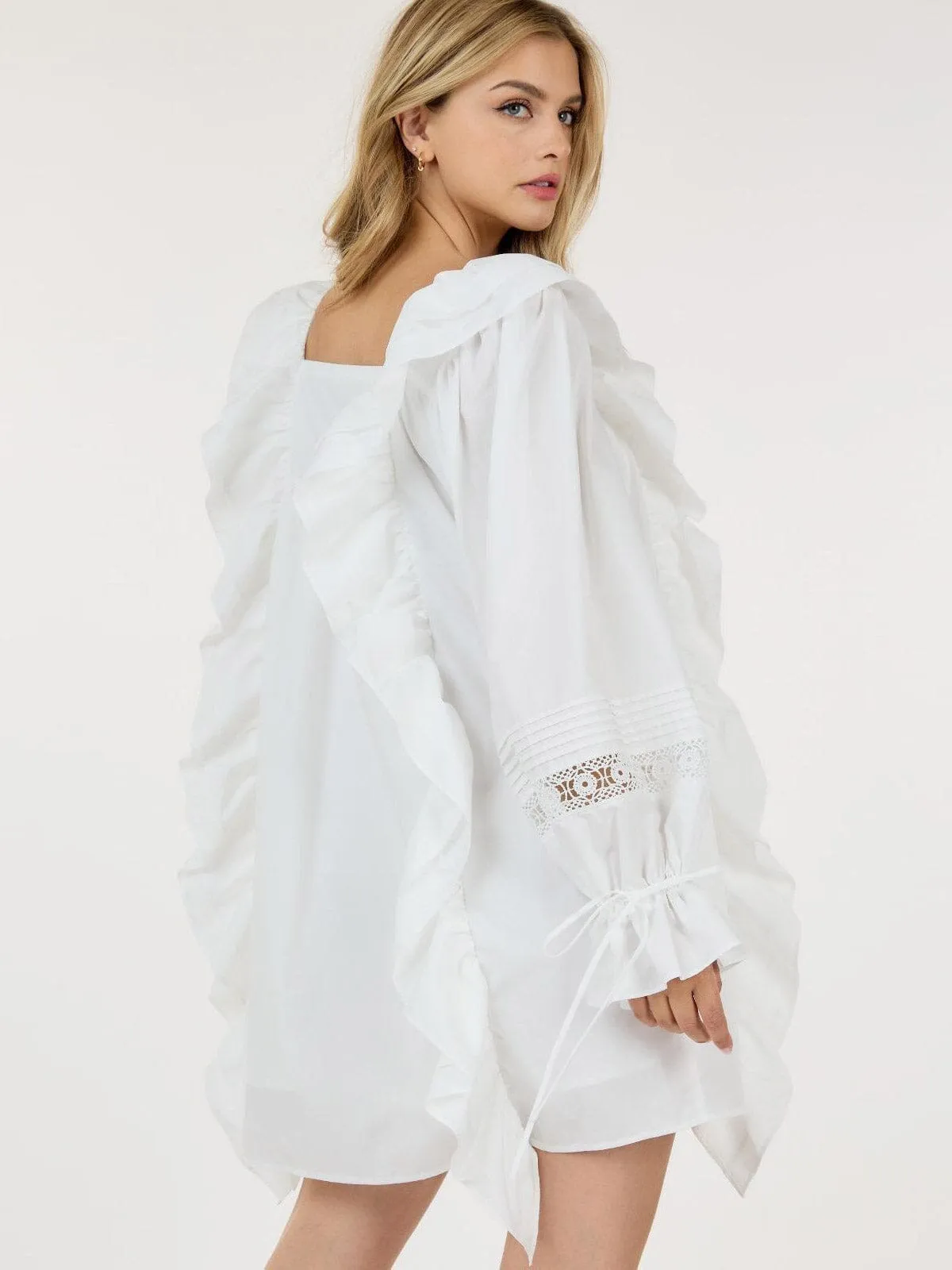 WOMEN'S LONG SLEEVE TUNIC FRONT POCKETS RUFFLE MINI DRESS