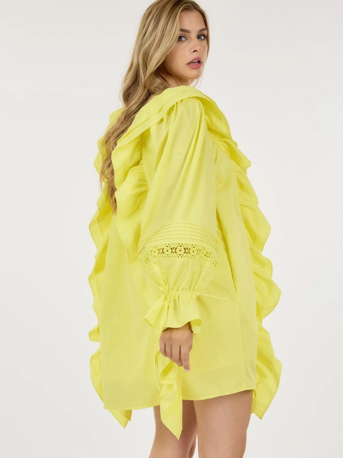 WOMEN'S LONG SLEEVE TUNIC FRONT POCKETS RUFFLE MINI DRESS