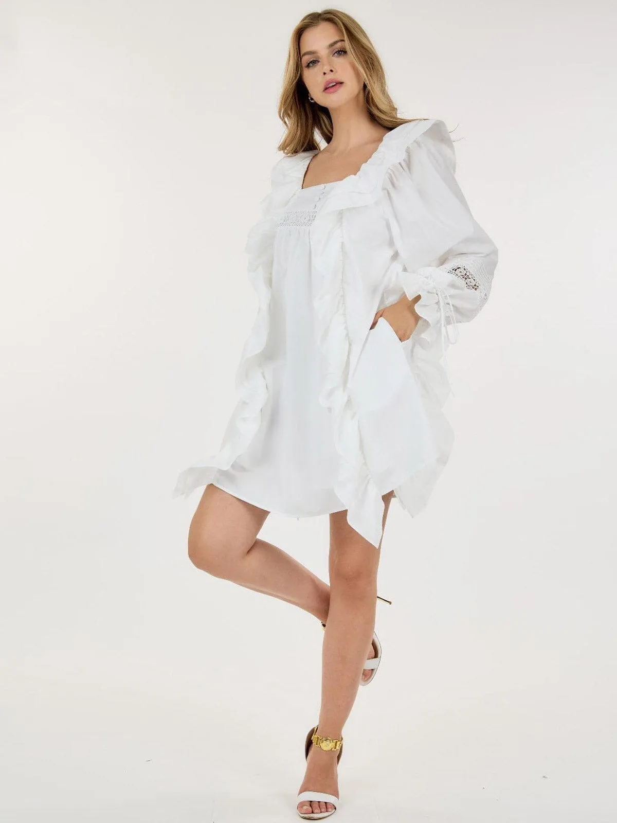 WOMEN'S LONG SLEEVE TUNIC FRONT POCKETS RUFFLE MINI DRESS