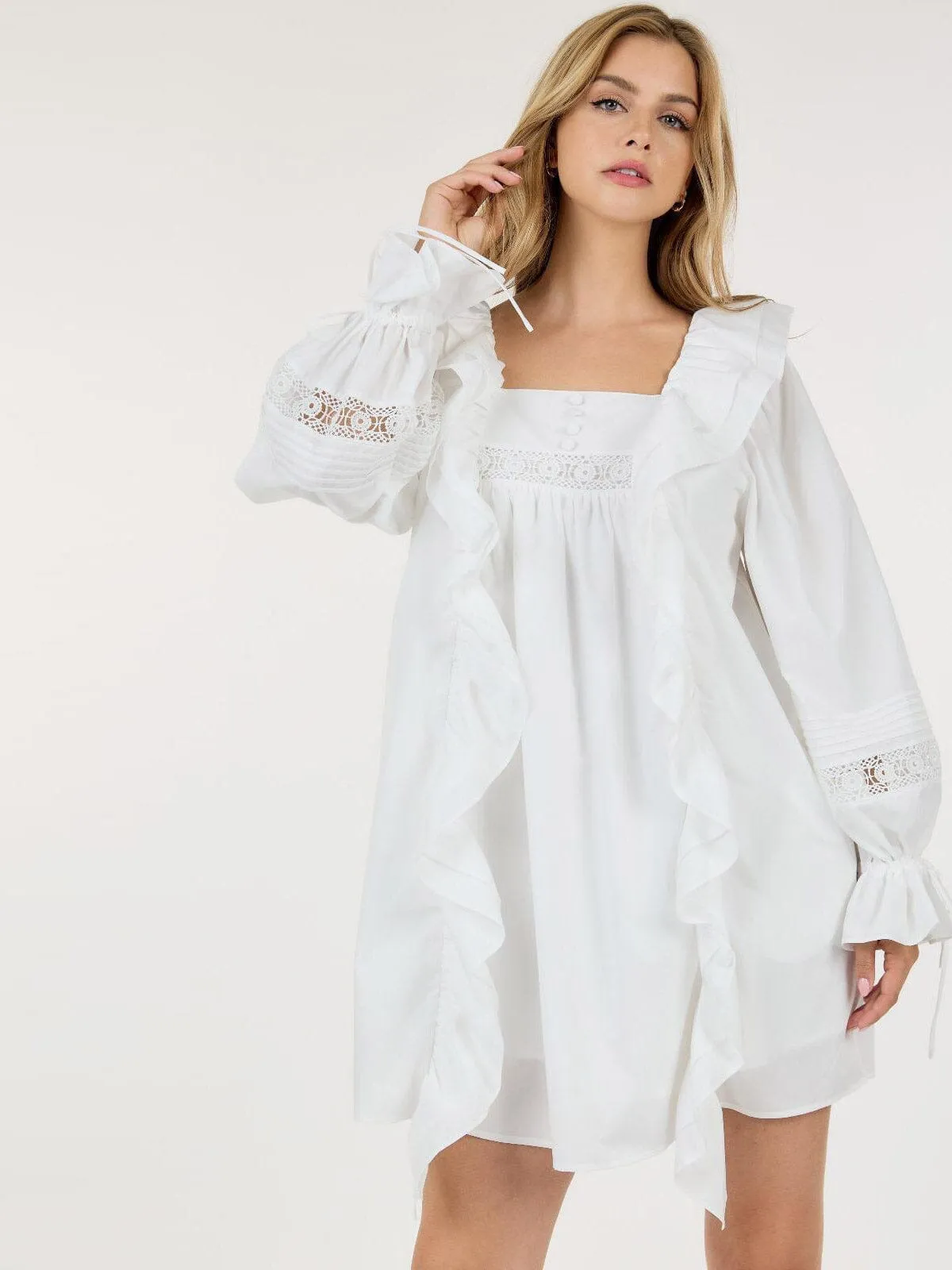 WOMEN'S LONG SLEEVE TUNIC FRONT POCKETS RUFFLE MINI DRESS