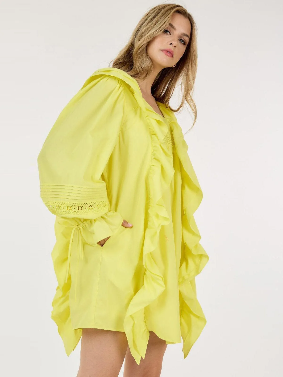 WOMEN'S LONG SLEEVE TUNIC FRONT POCKETS RUFFLE MINI DRESS