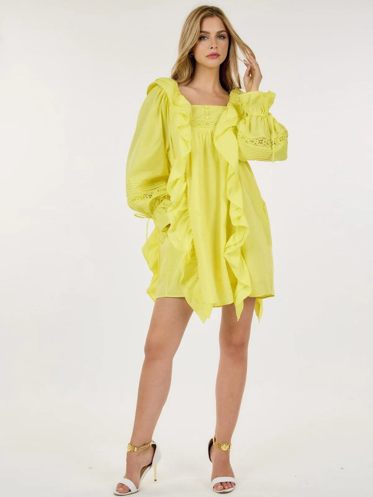 WOMEN'S LONG SLEEVE TUNIC FRONT POCKETS RUFFLE MINI DRESS
