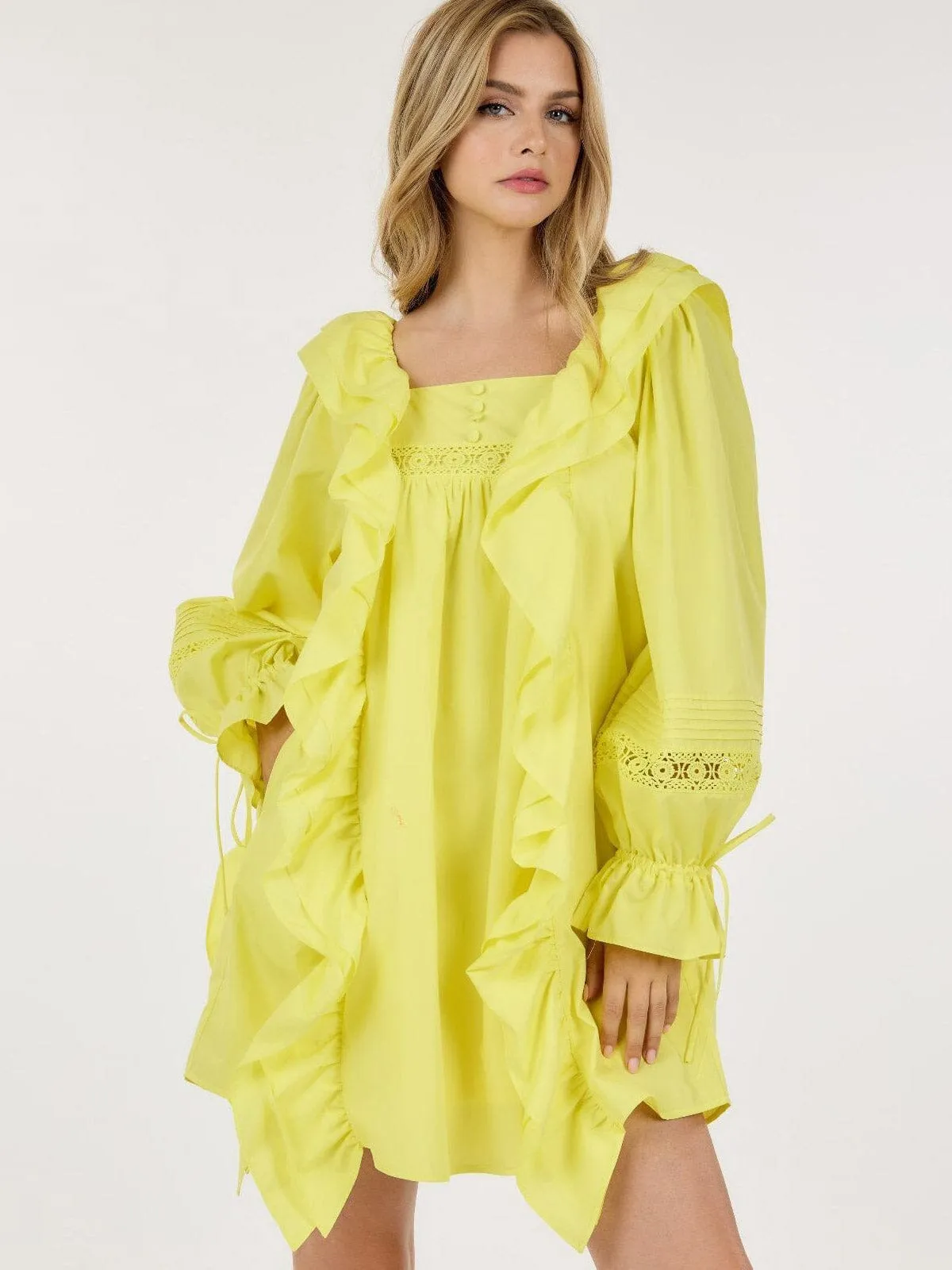 WOMEN'S LONG SLEEVE TUNIC FRONT POCKETS RUFFLE MINI DRESS