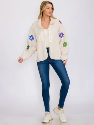 WOMEN'S LONG SLEEVES BUTTON CLOSURE FLOWERS DETAILED SHERPA SWEATER