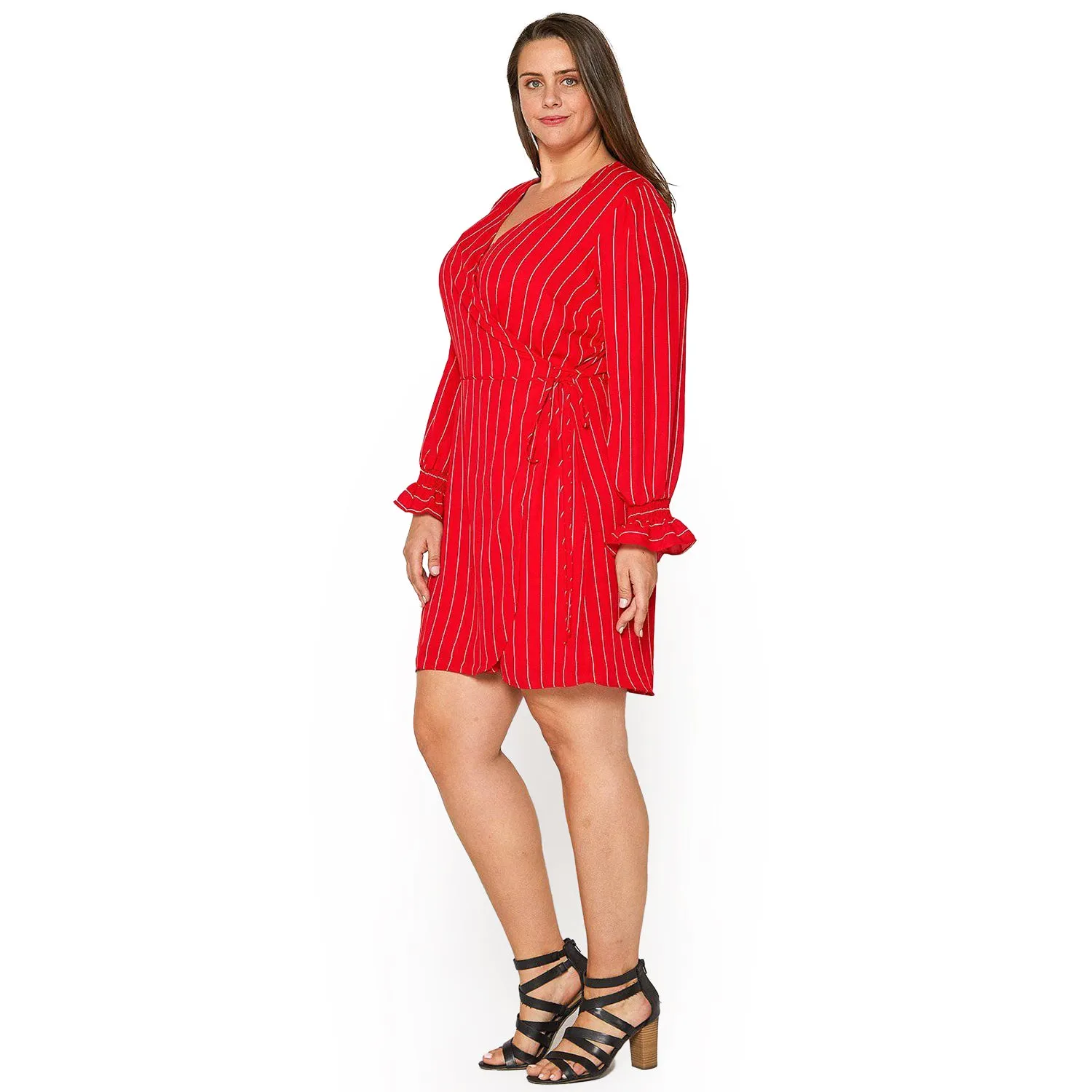 Women's Plus Size Smocked Bell Sleeve Wrap Dress in Red