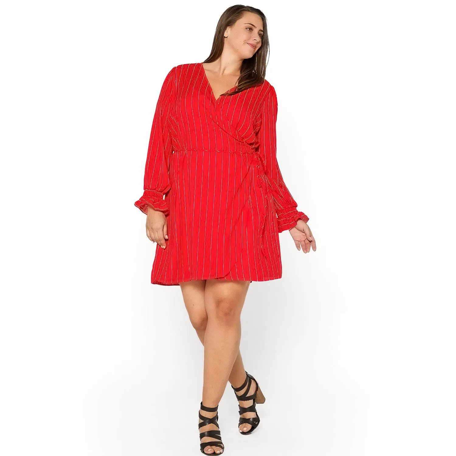 Women's Plus Size Smocked Bell Sleeve Wrap Dress in Red
