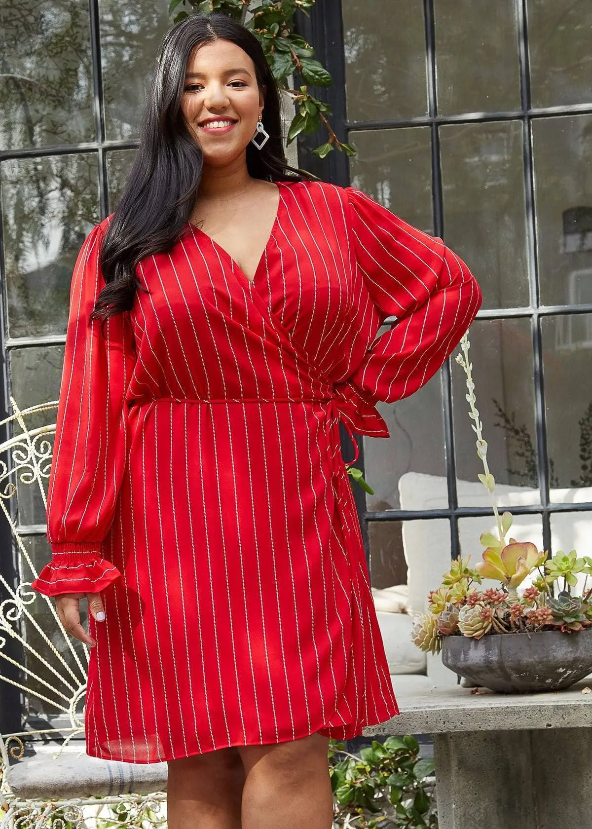 Women's Plus Size Smocked Bell Sleeve Wrap Dress in Red