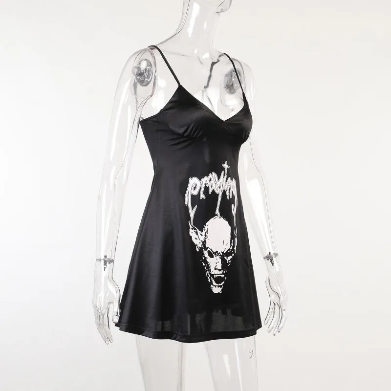 Women's Satin Dark Skull Print Slip Dress