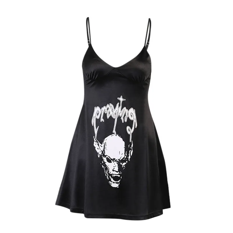 Women's Satin Dark Skull Print Slip Dress
