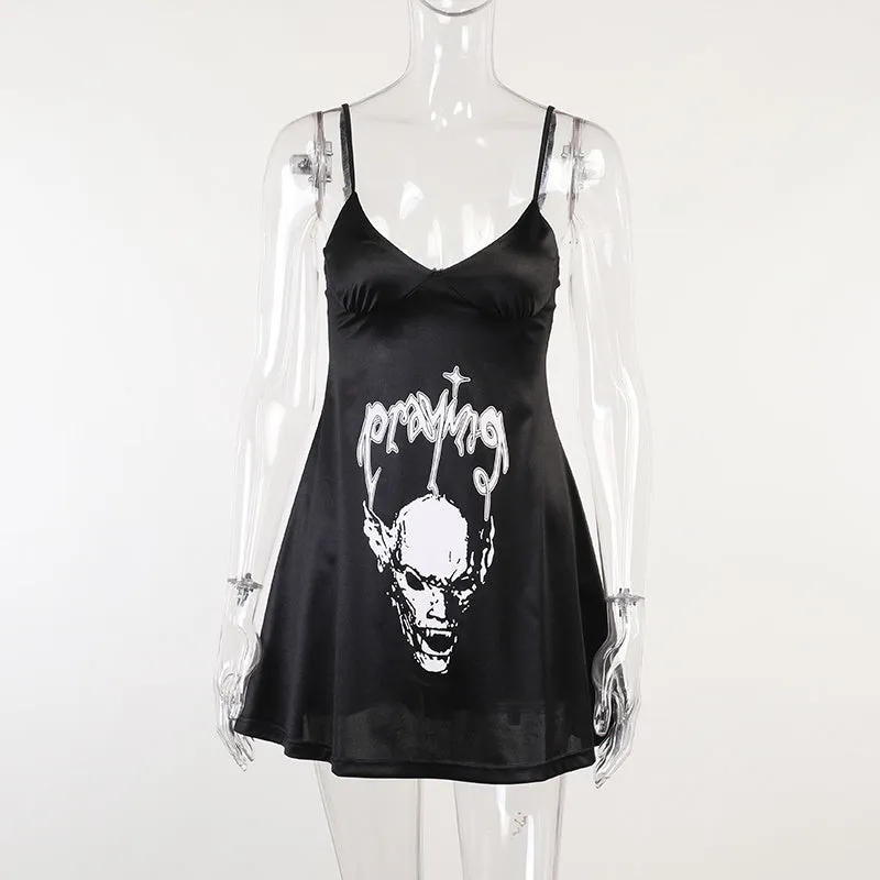 Women's Satin Dark Skull Print Slip Dress