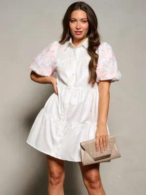 WOMEN'S SHORT DETAILED SLEEVE BUTTON UP TIERED SHIMMER MINI DRESS